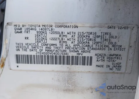 2004 Toyota Rav4 from USA, damaged, VIN JTEHD20V040015341